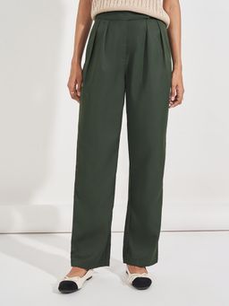 Styli - Women Solid High Rise Box Pleat Detail Twill Pant