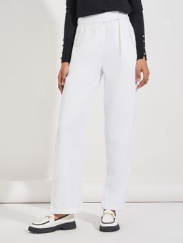 Styli - Women Solid High Rise Box Pleat Detail Twill Pant