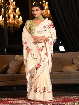 Beatitude - White Crepe Silk Embellished Saree with Unstitched Blouse