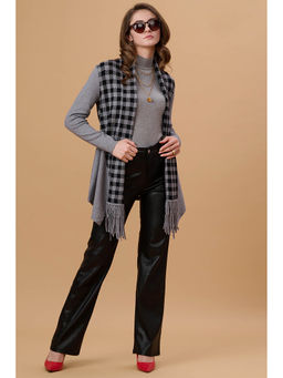 Gipsy - Women Shawl Lapel Regular Full Sleeves Acrylic Fabric Grey Checks Cape