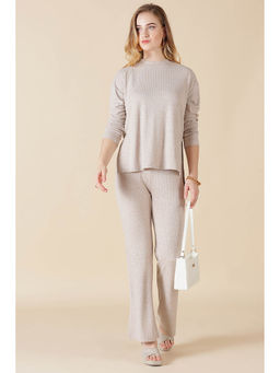 Gipsy - Women Round Neck Regular Full Sleeves Poly Knit Beige Co-Ord (Set of 2)