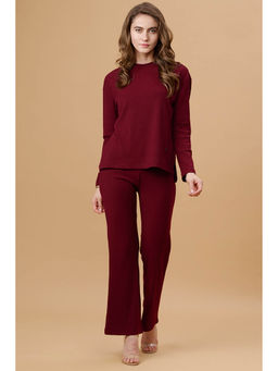 Gipsy - Women Round Neck Regular Full Sleeves Poly Knit Wine Co-Ord (Set of 2)