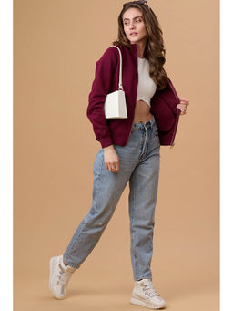 Gipsy - Women Mock Collar Regular Full Sleeves Cotton Poly Fabric Burgundy Sweatshirt