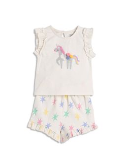 MINI KLUB - Off White Cotton Sleeveless Unicorn Top with Shorts Set