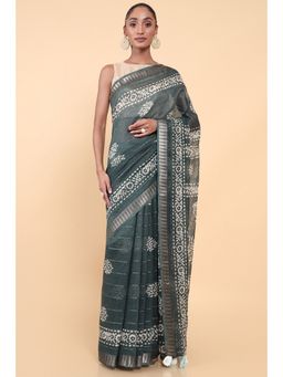 Soch - Women Green Cotton Printed Saree with Unstitched Blouse