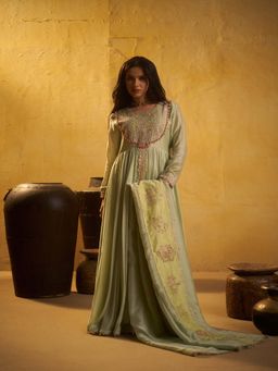 Hirika & Dhruti - Women's Ethnic Green Embroidered Anarkali with Pant & Dupatta