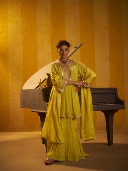 Hirika & Dhruti - Women's Ethnic Yellow Embroidered Kurta with Sharara & Dupatta