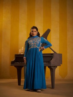 Hirika & Dhruti - Women's Ethnic Blue Embroidered Anarkali with Pant & Dupatta