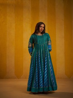 Hirika & Dhruti - Women's Ethnic Teal Embroidered Anarkali with Pant & Dupatta
