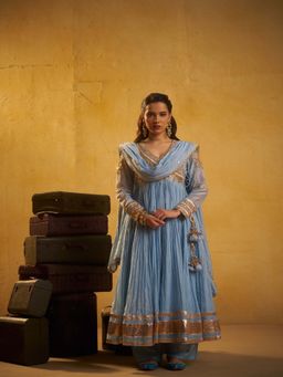 Hirika & Dhruti - Women's Ethnic Blue Embroidered Angarkha with Pant & Dupatta