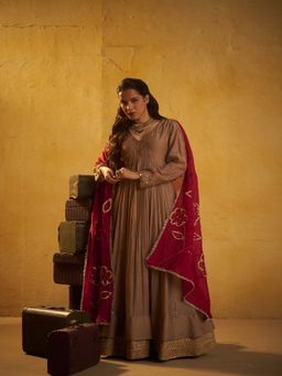 Hirika & Dhruti - Women's Ethnic Brown Embroidered Anarkali with Pant & Dupatta