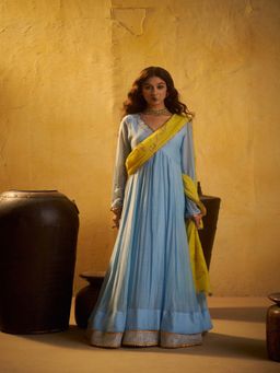 Hirika & Dhruti - Women's Ethnic Blue Embroidered Anarkali with Pant & Dupatta