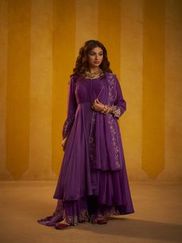 Hirika & Dhruti - Women's Ethnic Purple Embroidered Anarkali with Pant & Dupatta