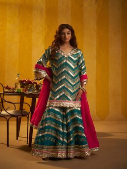 Hirika & Dhruti - Women's Ethnic Teal Embroidered Kurta with Sharara & Dupatta