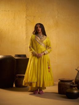 Hirika & Dhruti - Women's Ethnic Yellow Embroidered Angarkha with Pant & Dupatta