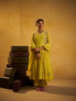 Hirika & Dhruti - Women's Ethnic Yellow Embroidered Kurta with Pant & Dupatta