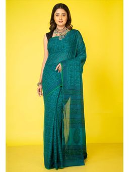 Unnati Silks - Green Pure Block Printed Superfine Mulmul Cotton Saree with Unstitched Blouse