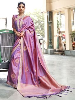Odette - Womens Silk Blend Purple Woven Design Saree with Unstitched Blouse