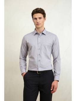 Louis Philippe - Men Light Grey Slim Fit Checked Full Sleeves Formal Shirt