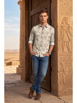 Peter England - Men Beige Slim Fit Print Shirt