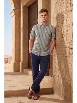 Peter England - Men Grey Slim Fit Stripe Shirt