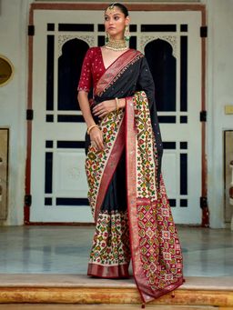 Akhilam - Women's Silk Blend Black Embellished Designer Saree with Unstitched Blouse