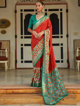 Akhilam - Women's Silk Blend Red Embellished Designer Saree with Unstitched Blouse