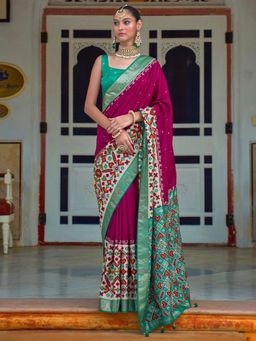 Akhilam - Women's Silk Blend Magenta Embellished Designer Saree with Unstitched Blouse