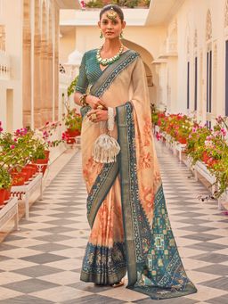 Akhilam - Women's Silk Blend Peach Woven Design Designer Saree with Unstitched Blouse