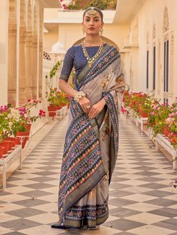 Akhilam - Women's Silk Blend Grey Woven Design Designer Saree with Unstitched Blouse