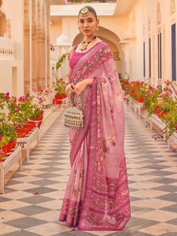 Akhilam - Women's Silk Blend Pink Woven Design Designer Saree with Unstitched Blouse