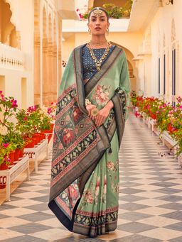 Akhilam - Women's Silk Blend Sea Green Woven Design Designer Saree with Unstitched Blouse