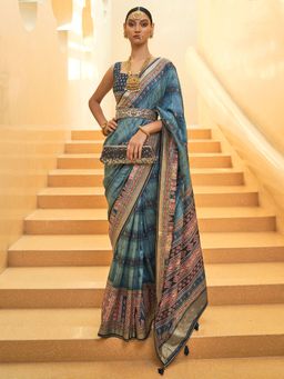 Akhilam - Women's Silk Blend Blue Embellished Designer Saree with Unstitched Blouse