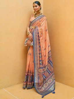 Akhilam - Women's Silk Blend Peach Embellished Designer Saree with Unstitched Blouse