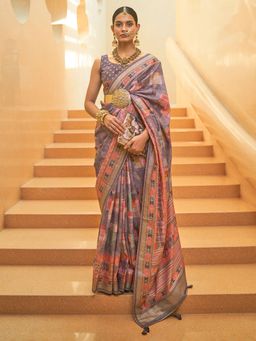 Akhilam - Women's Silk Blend Mauve Embellished Designer Saree with Unstitched Blouse