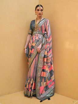 Akhilam - Women's Silk Blend Multicolored Embellished Designer Saree with Unstitched Blouse