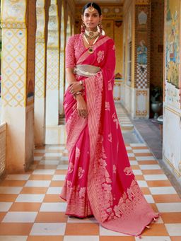 Akhilam - Women's Silk Blend Pink Woven Design Designer Saree with Unstitched Blouse