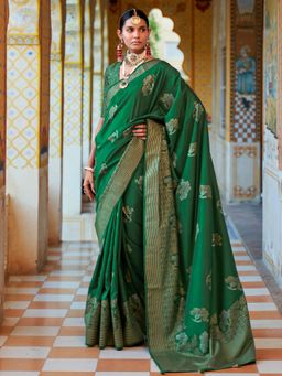 Akhilam - Women's Silk Blend Green Woven Design Designer Saree with Unstitched Blouse