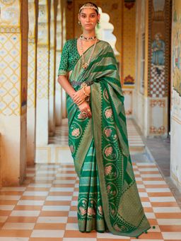 Akhilam - Women's Silk Blend Green Woven Design Designer Saree with Unstitched Blouse