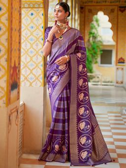 Akhilam - Women's Silk Blend Purple Woven Design Designer Saree with Unstitched Blouse