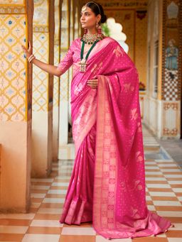 Akhilam - Women's Silk Blend Pink Woven Design Designer Saree with Unstitched Blouse
