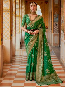Akhilam - Women's Silk Blend Green Woven Design Designer Saree with Unstitched Blouse