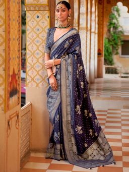 Akhilam - Women's Silk Blend Navy Blue Woven Design Designer Saree with Unstitched Blouse