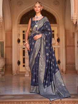 Akhilam - Women's Silk Blend Navy Blue Woven Design Designer Saree with Unstitched Blouse