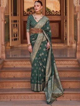 Akhilam - Women's Silk Blend Green Woven Design Designer Saree with Unstitched Blouse