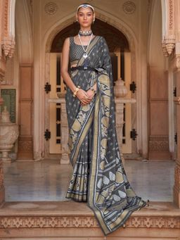 Akhilam - Women's Silk Blend Grey Woven Design Designer Saree with Unstitched Blouse