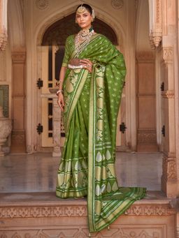 Akhilam - Women's Silk Blend Green Woven Design Designer Saree with Unstitched Blouse