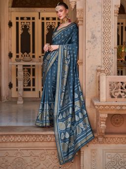 Akhilam - Women's Silk Blend Teal blue Woven Design Designer Saree with Unstitched Blouse