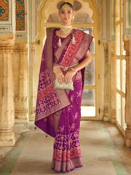 Akhilam - Women's Silk Blend Purple Woven Design Designer Saree with Unstitched Blouse