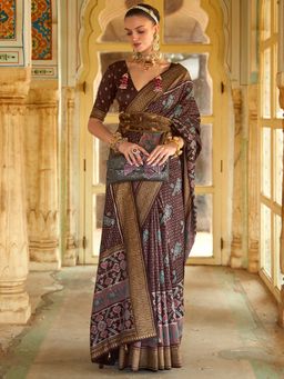Akhilam - Women's Silk Blend Brown Woven Design Designer Saree with Unstitched Blouse